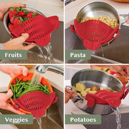 Universal Snap N Strain Colander – Silicone Clip-On Pot & Pan Strainer