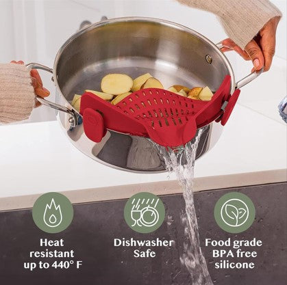 Universal Snap N Strain Colander – Silicone Clip-On Pot & Pan Strainer