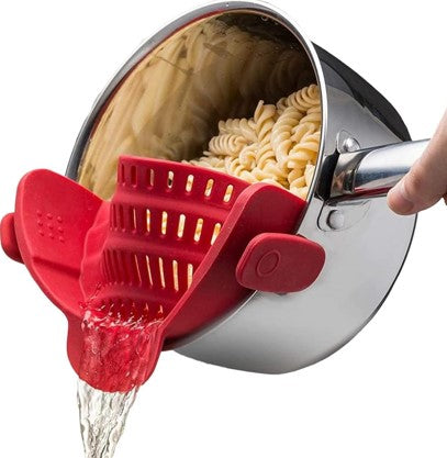 Universal Snap N Strain Colander – Silicone Clip-On Pot & Pan Strainer