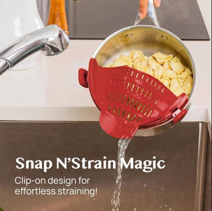 Universal Snap N Strain Colander – Silicone Clip-On Pot & Pan Strainer
